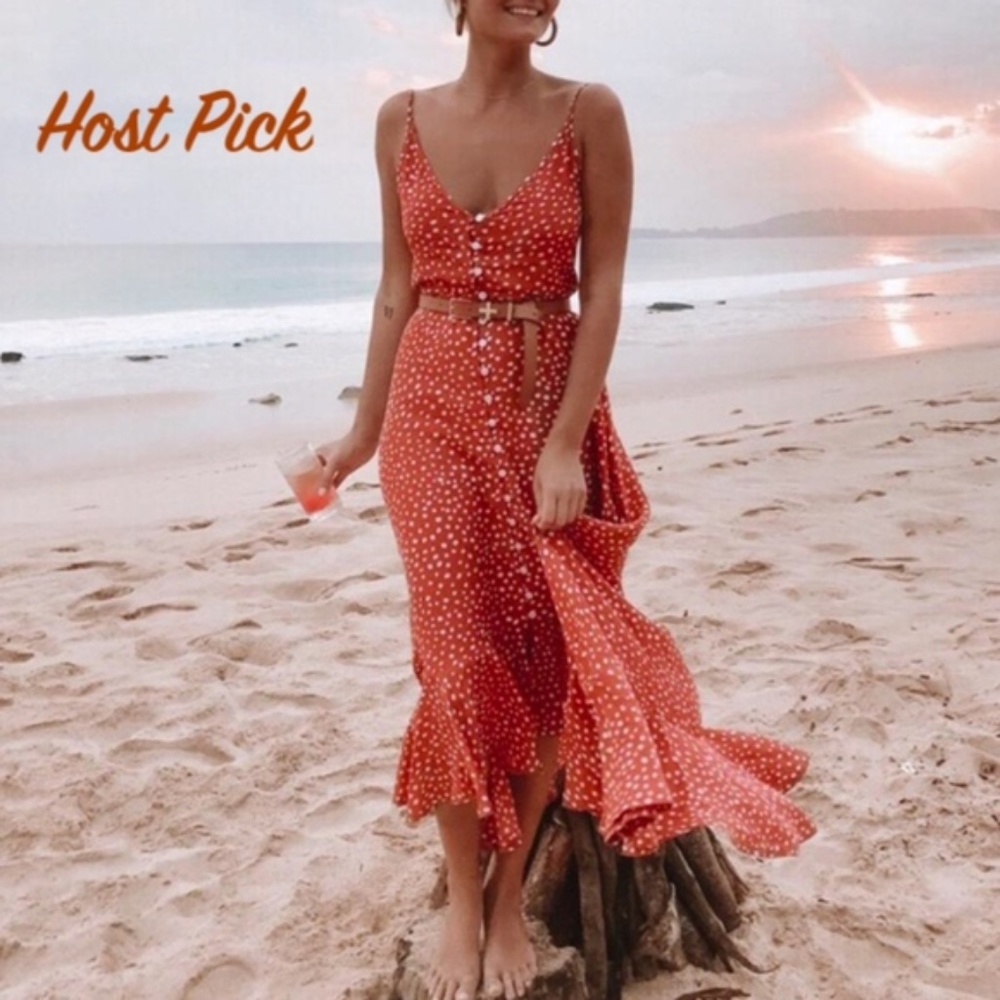 Boho Polka Dot Cami A line Orange Dress High Low